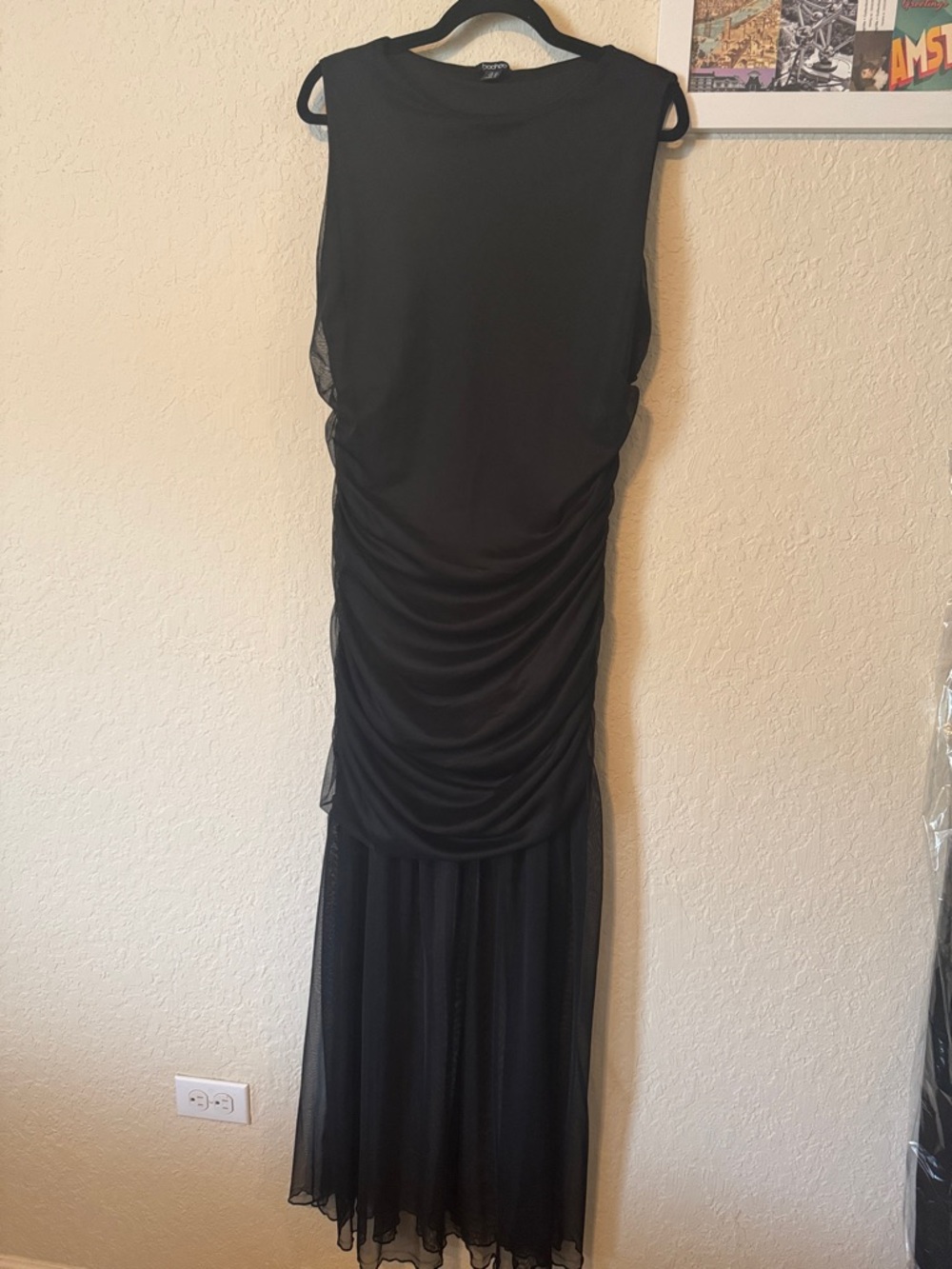 Boohoo Black Sleeveless Ruched Mesh Maxi Dress